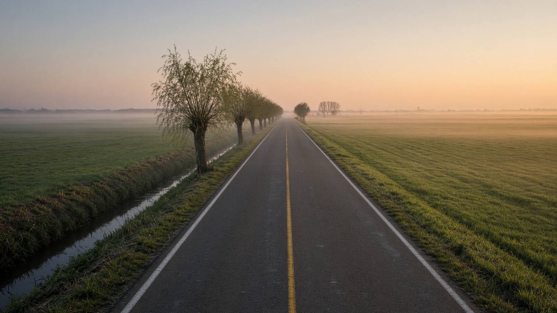 Een rustige Nederlandse polderweg in de vroege ochtend.