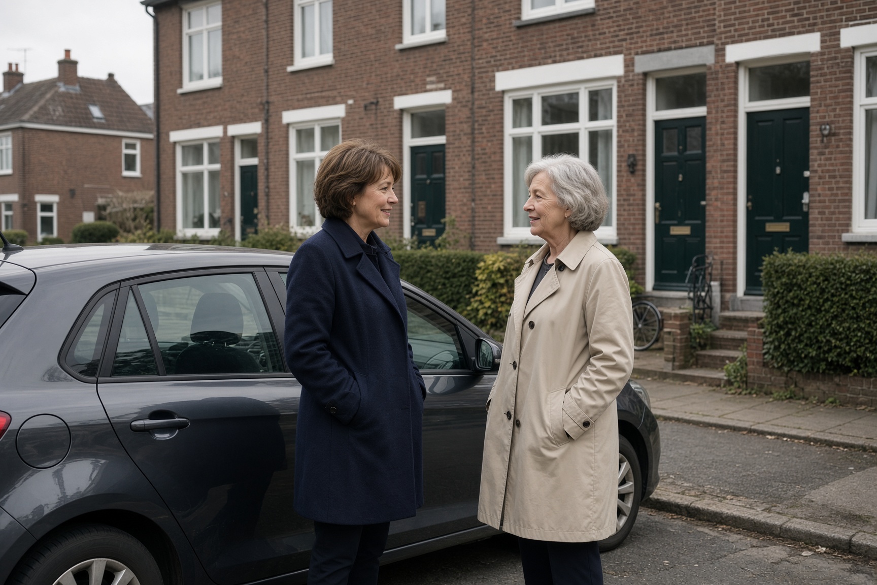 Instructeur en cursist in gesprek bij de auto, voor de deur.